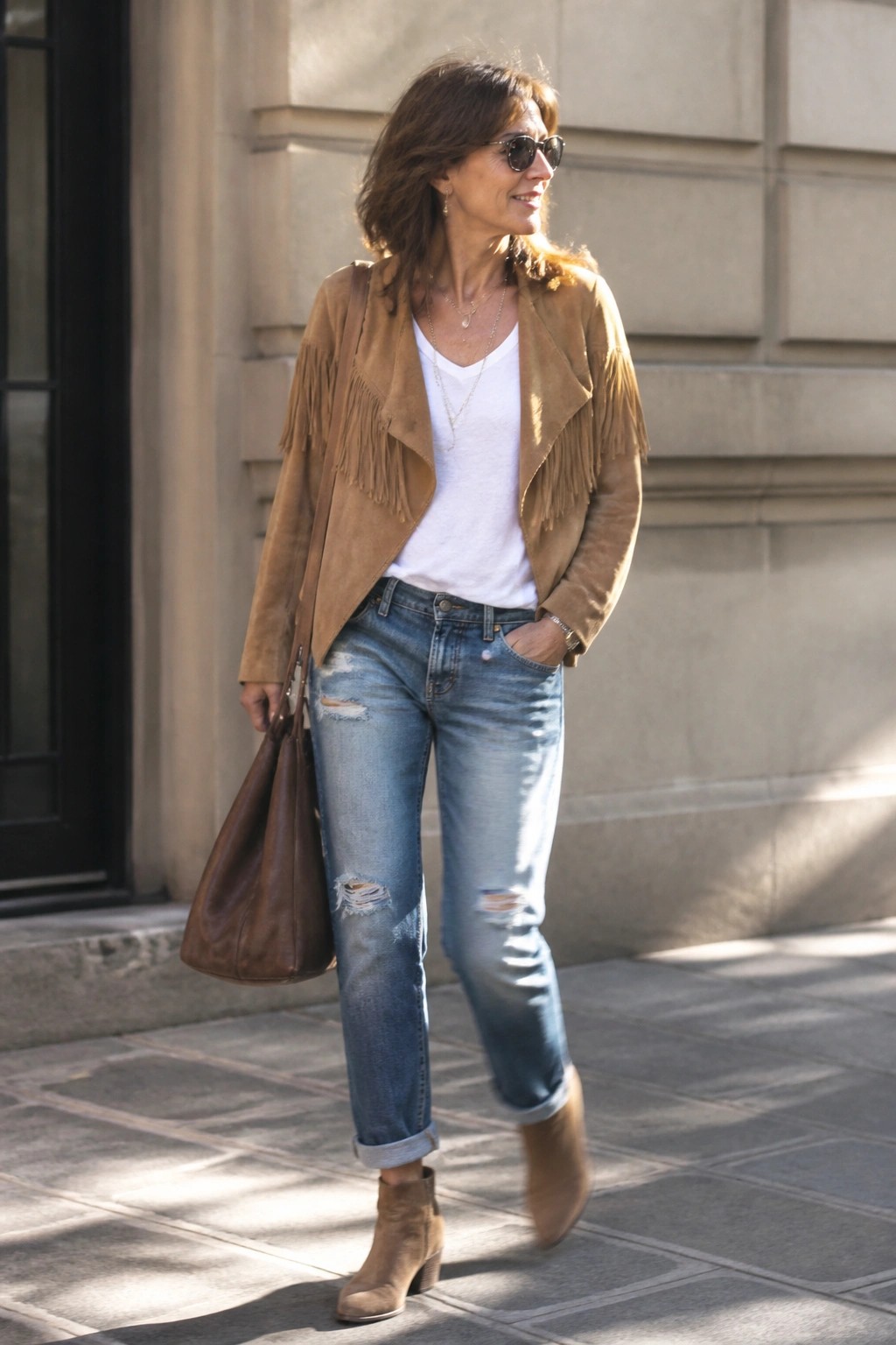 Woman in fringed suede jacket, ripped jeans, ankle boots holding leather bag on sidewalk.