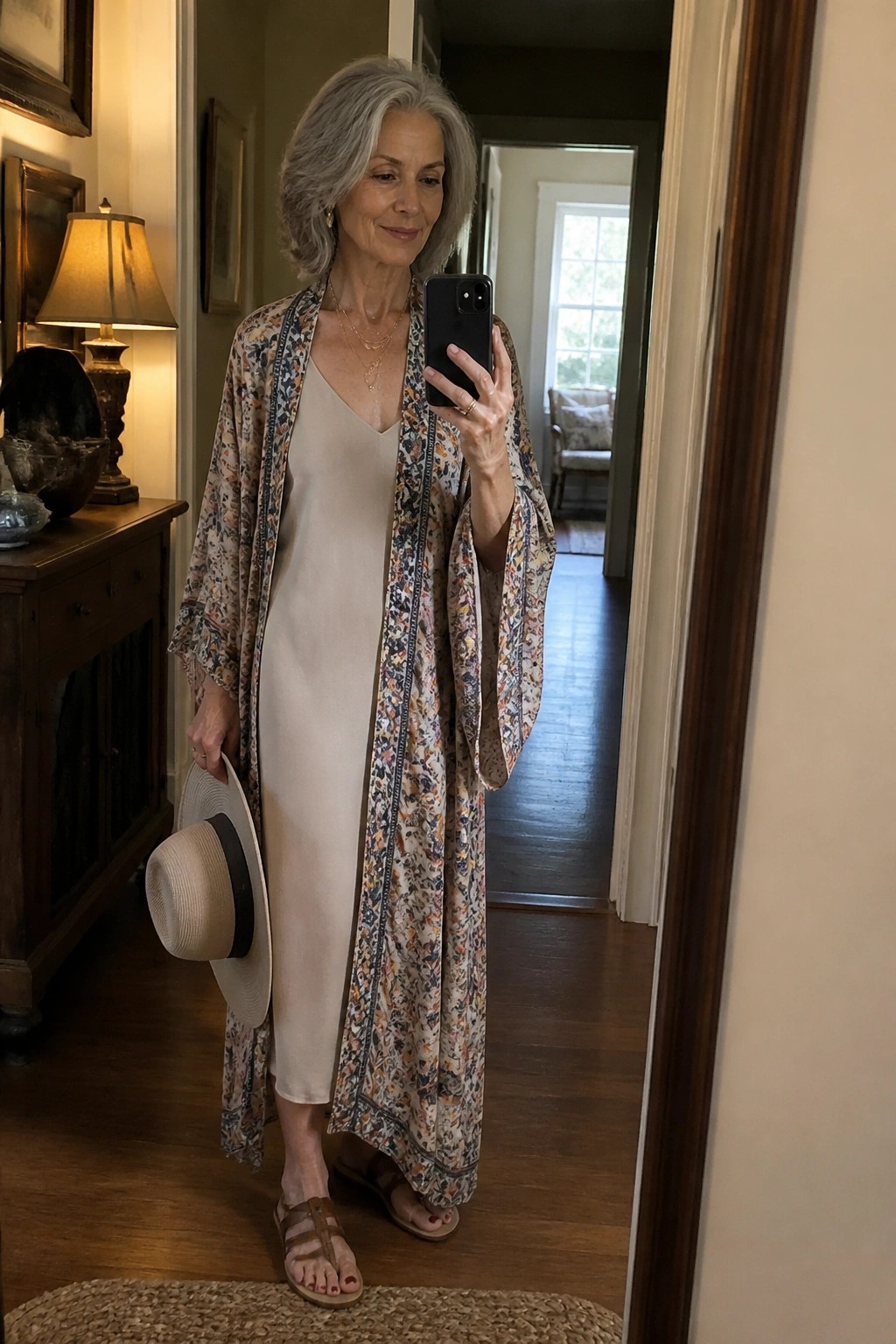 Gray-haired woman in floral robe over beige dress holds phone and hat in mirror