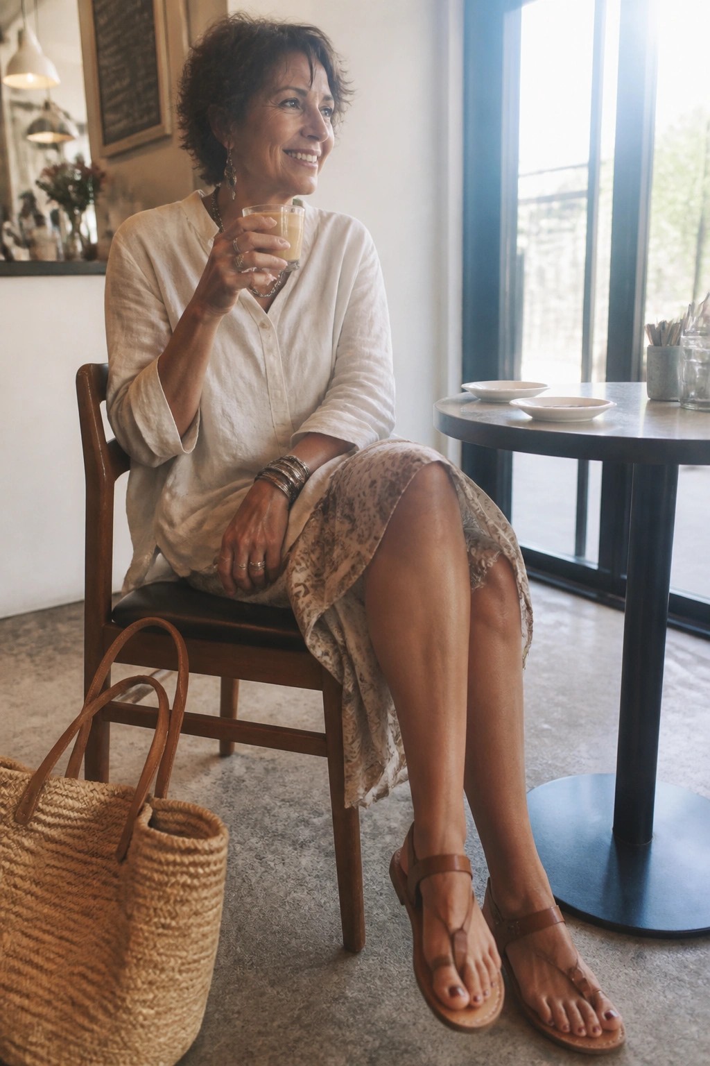 Smiling woman in white shirt and patterned skirt holds drink in sunny cafe with bag.