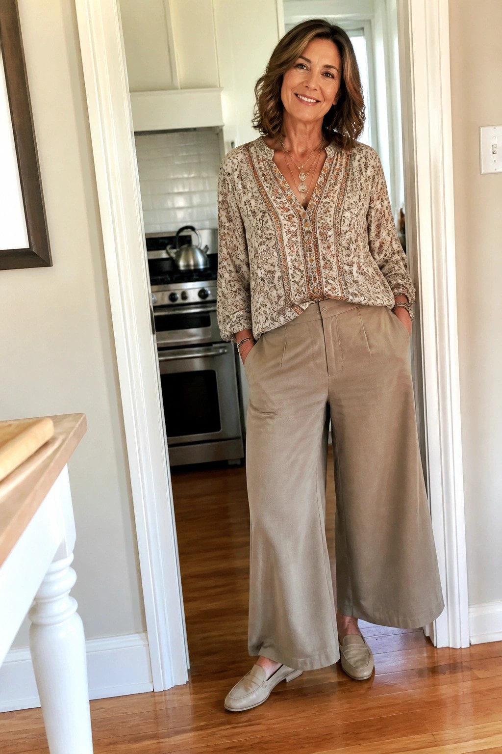 Smiling woman in floral blouse and beige wide-leg pants in kitchen doorway