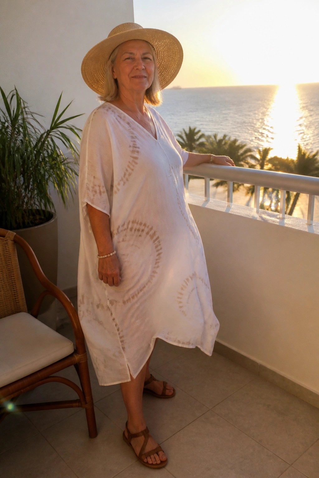 Woman over 50 in loose white tie dye kaftan dress with V neck short sleeves knee length hem brown strappy sandals and wide straw hat standing on tiled floor.