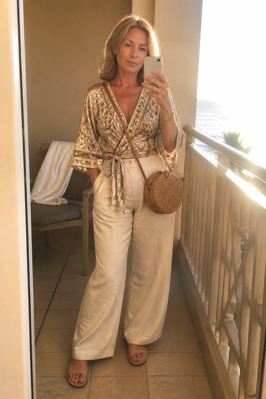 Woman in floral wrap top and white pants with round woven bag on sunny ocean balcony