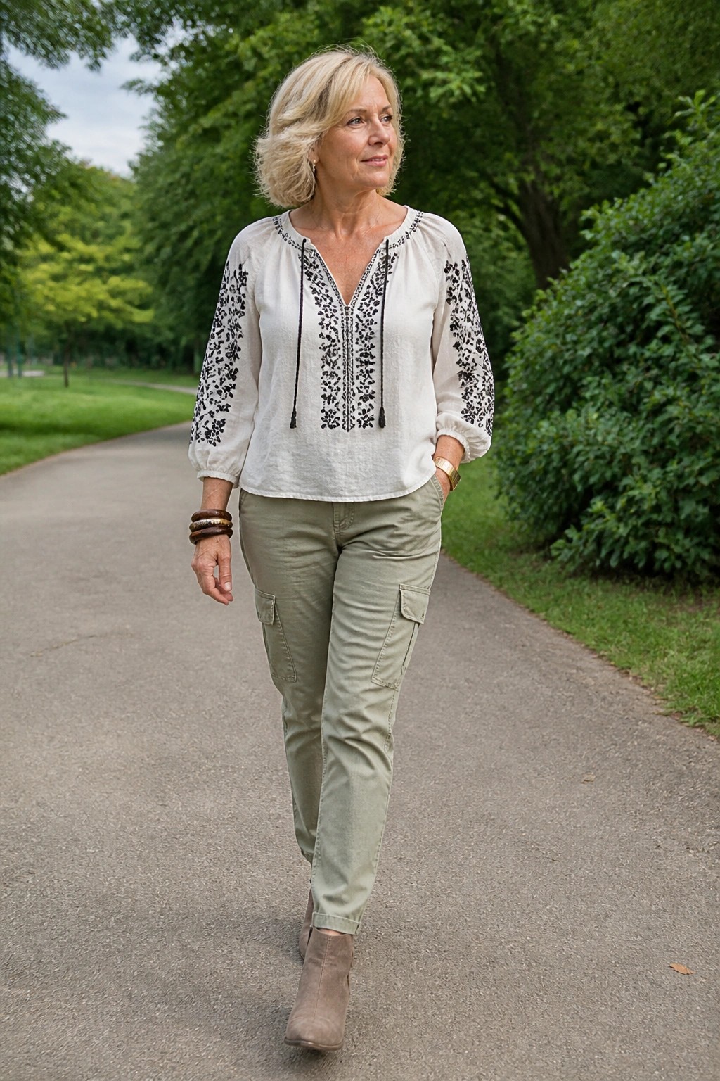 Woman in embroidered white blouse and green cargo pants walking on park path