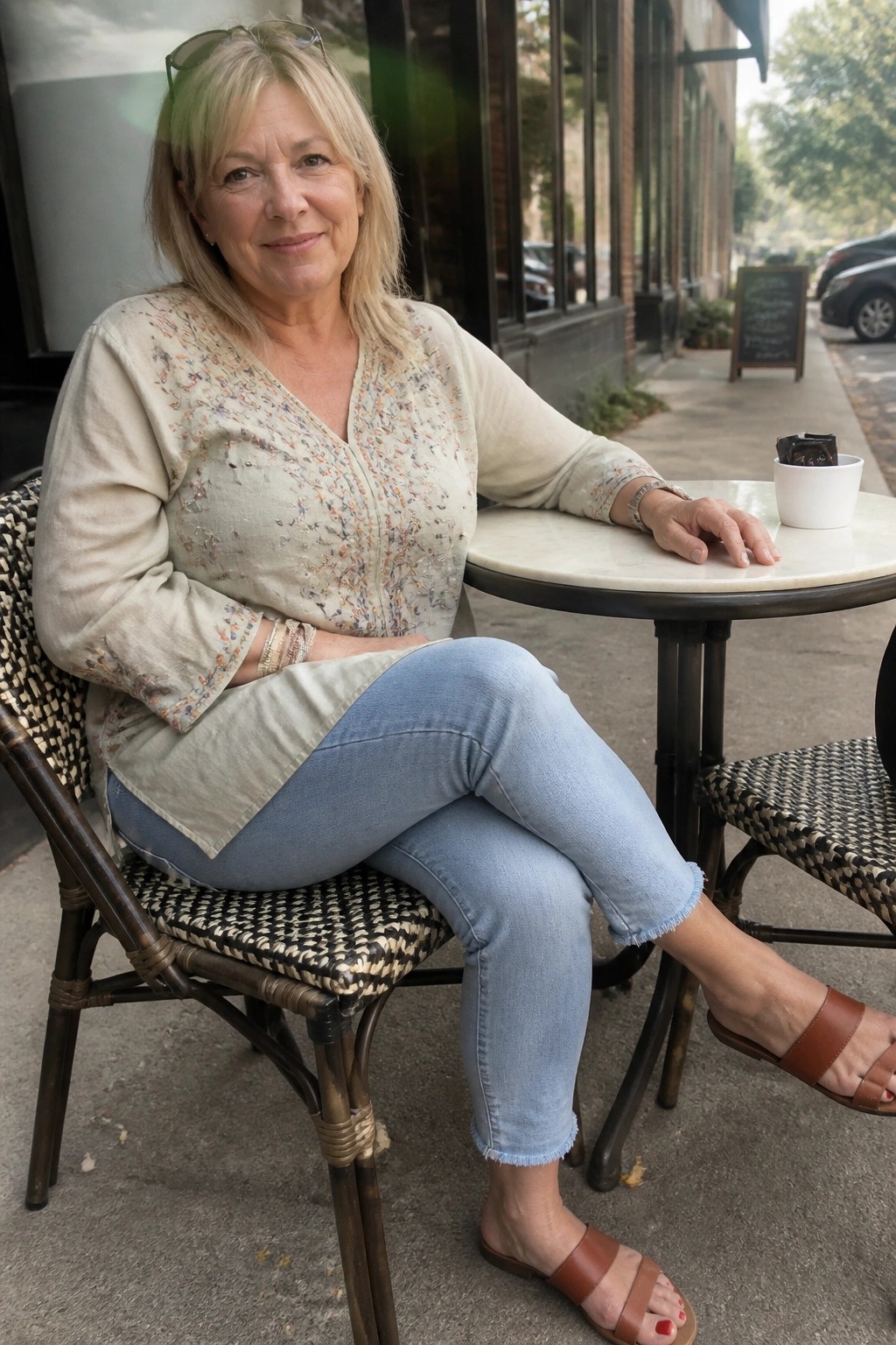 Blonde woman in floral blouse and jeans seated at outdoor cafe table