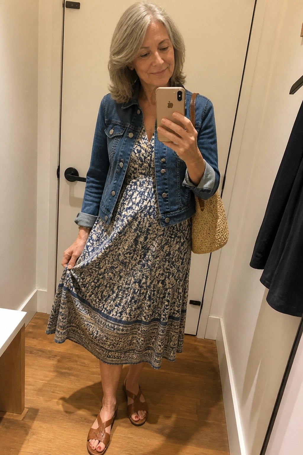 Woman over 50 wearing a blue and white patterned tiered midi dress under a blue denim jacket with brown sandals and a woven straw bag while taking a mirror selfie.