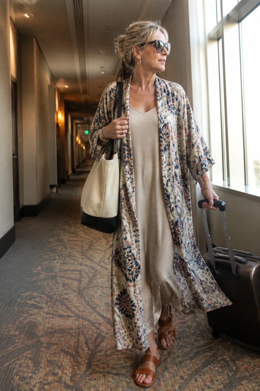 Blonde woman in floral robe pulls suitcase through hotel hallway with tote bag