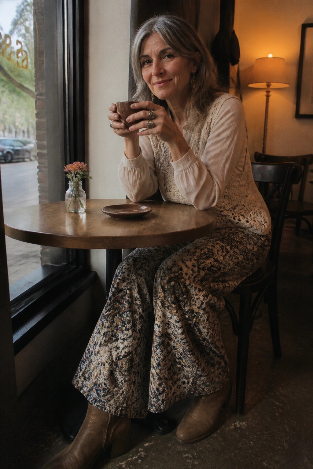 Gray-haired woman in lace vest holds mug at wooden cafe table by window