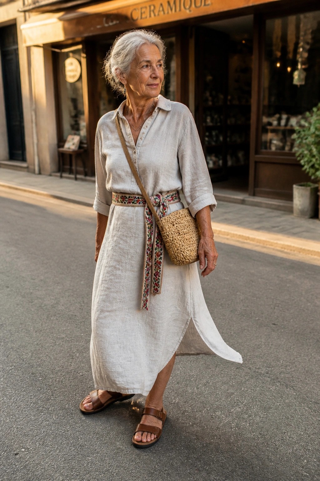 Woman over 50 in beige linen midi shirt dress with rolled sleeves, floral embroidered belt at waist, woven straw crossbody bag, brown leather sandals, and layered necklaces standing on a street.