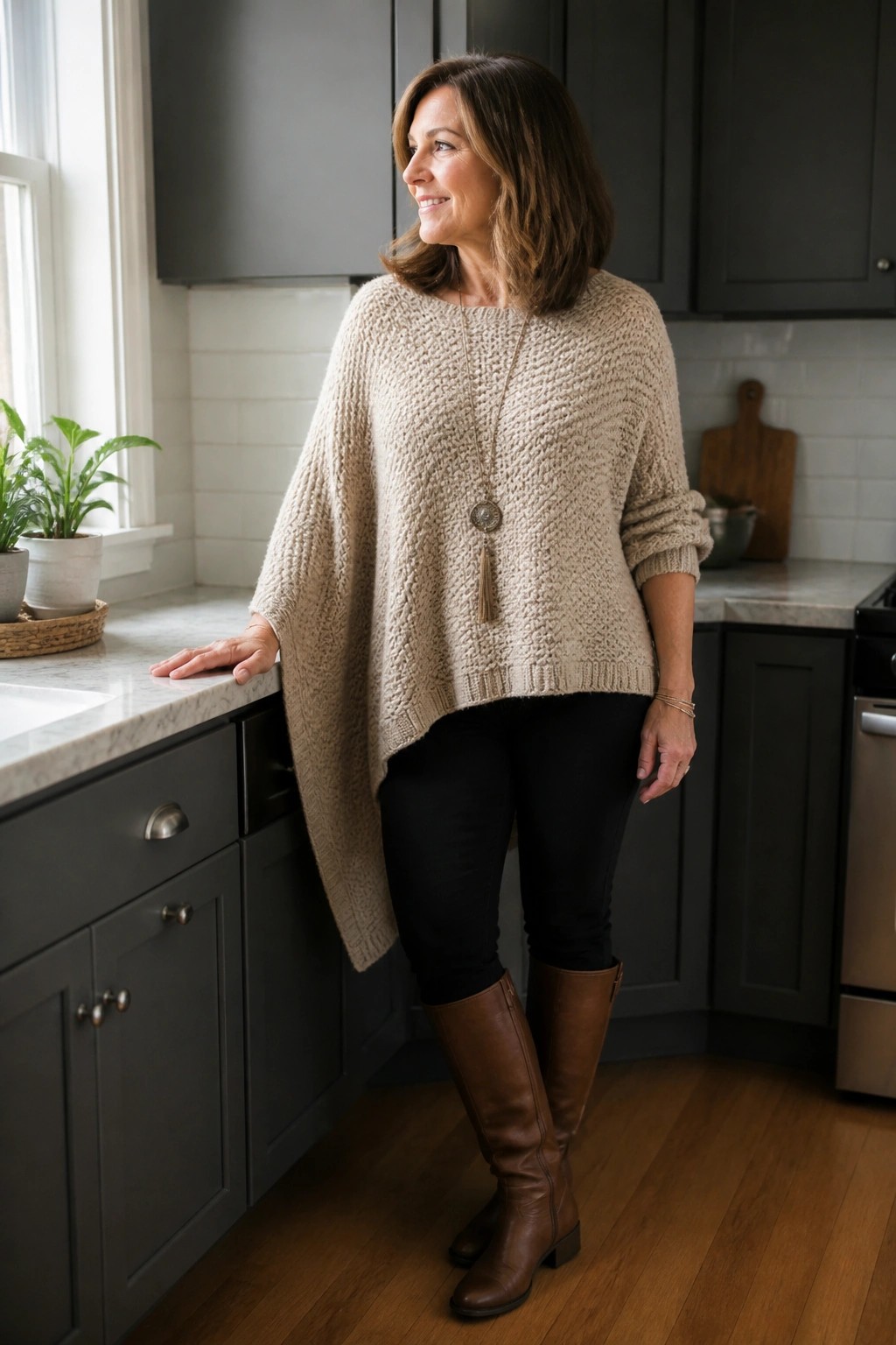 Woman in beige knit poncho, black pants, and brown boots in modern kitchen.