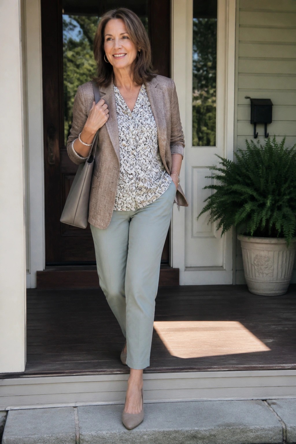 Smiling woman in brown blazer and sage pants holding handbag on sunny porch