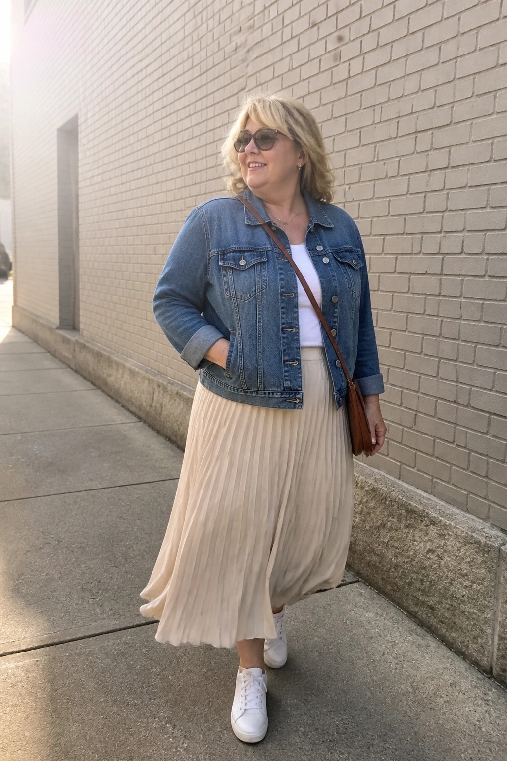 Woman in blue denim jacket, beige pleated skirt, and white sneakers by brick wall