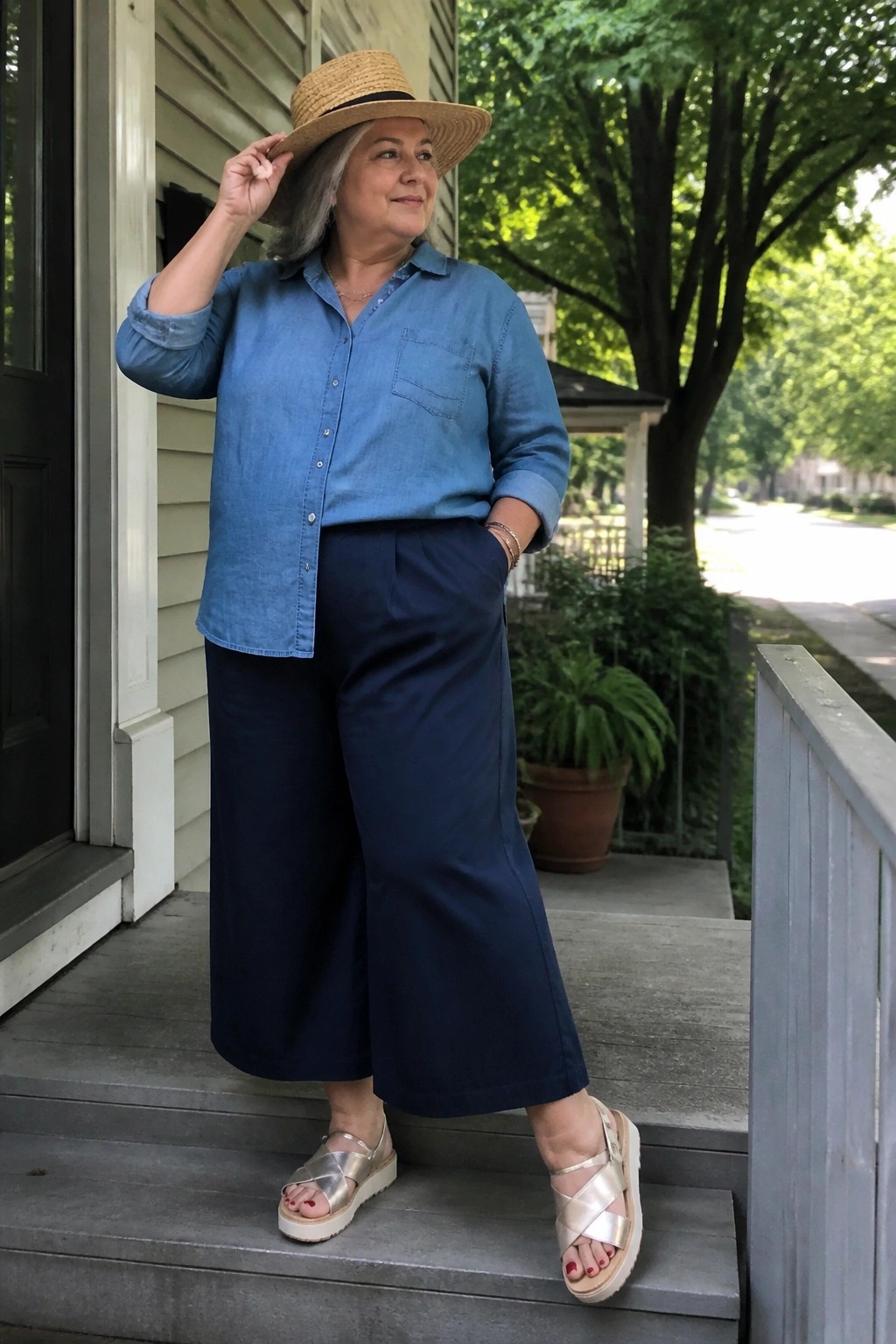 Woman in blue denim shirt, navy pants, and straw hat on porch steps