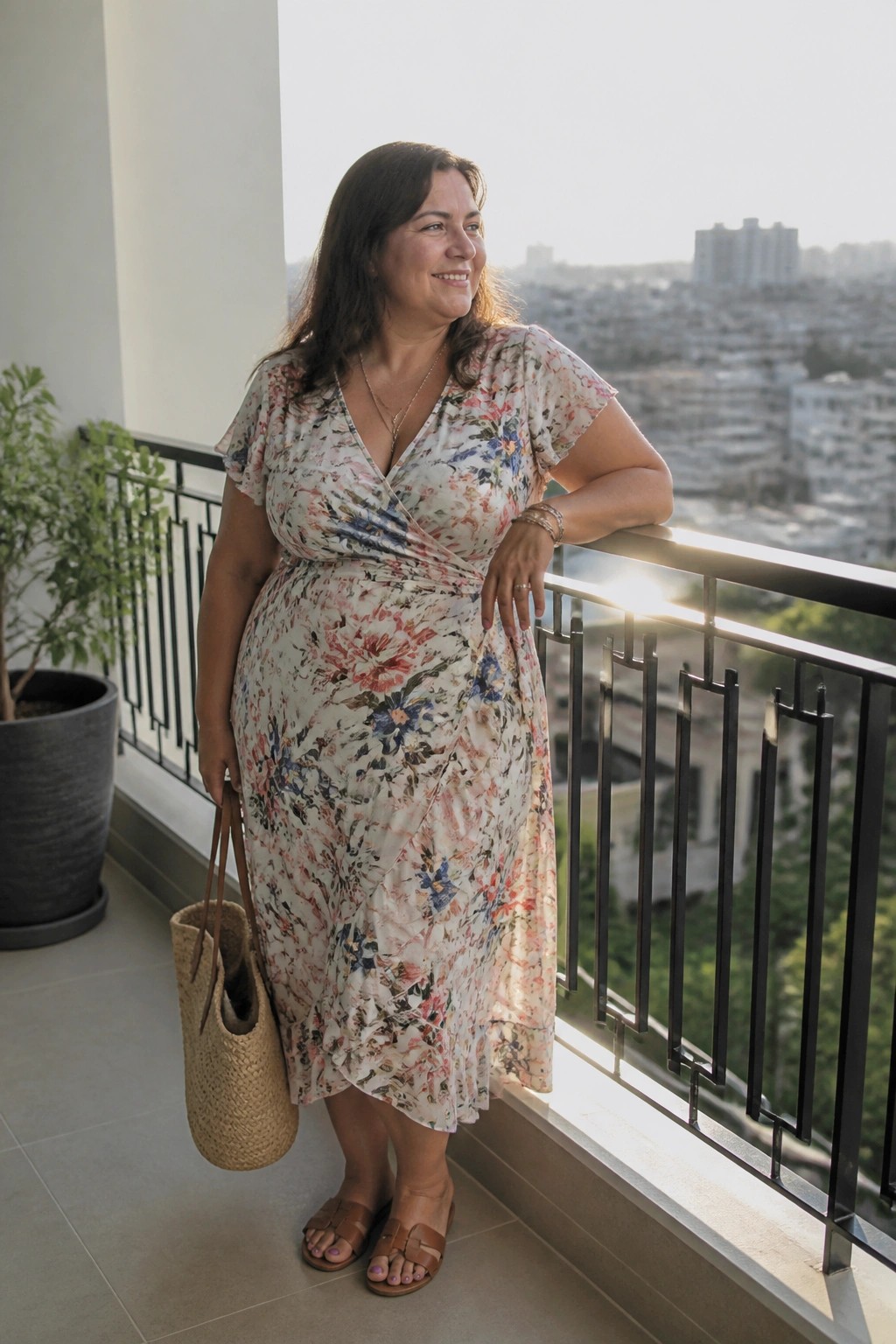 Woman in floral wrap dress holding woven tote on sunny city balcony