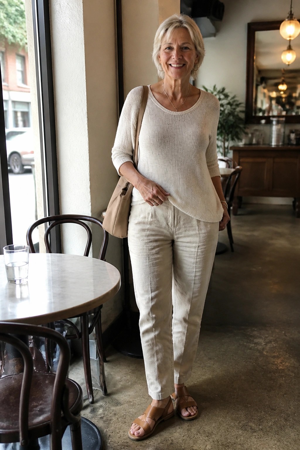 Smiling older woman in cream knit sweater and beige linen pants in cafe
