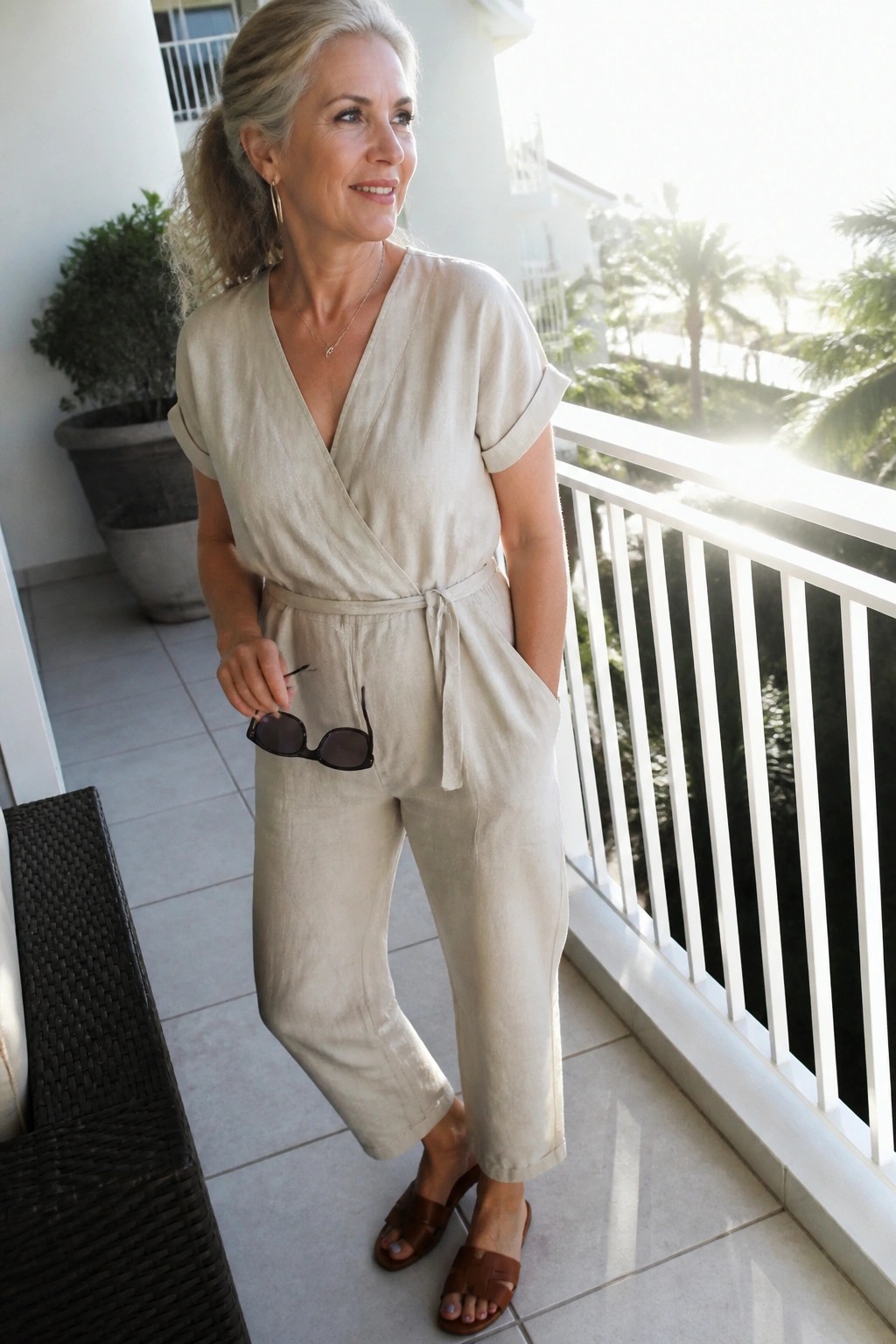 Gray-haired woman in beige wrap jumpsuit on sunny balcony holding sunglasses.
