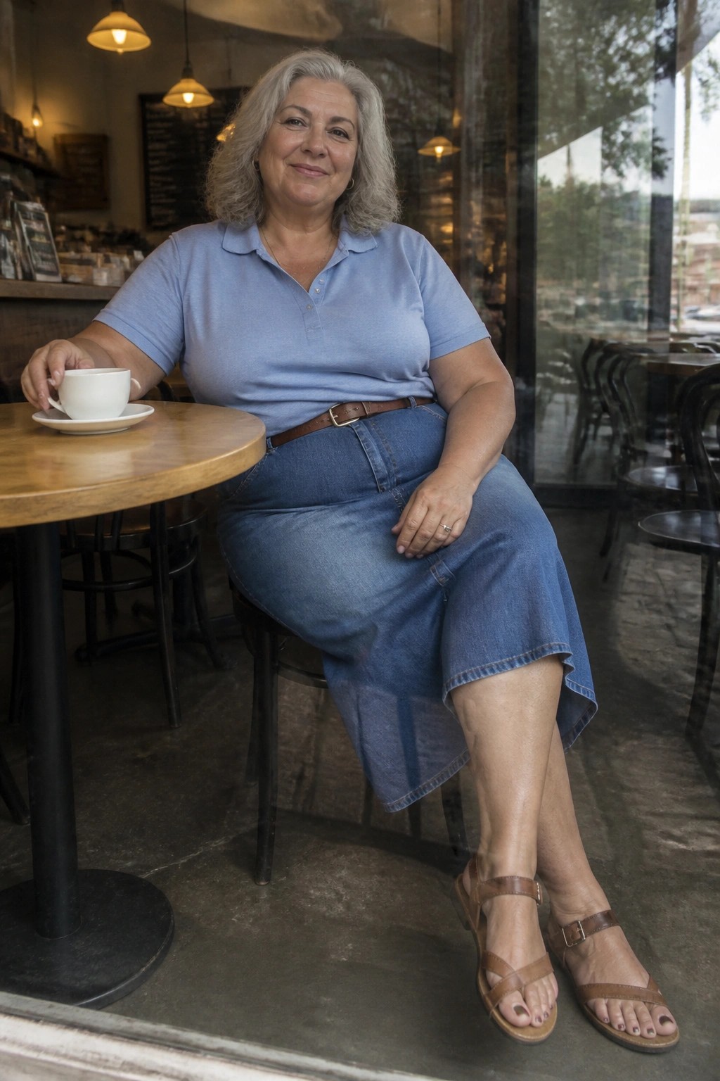 Plus size woman over 50 wearing light blue polo shirt tucked into blue denim midi skirt with brown belt and matching brown sandals sitting at a cafe table holding a white coffee cup.