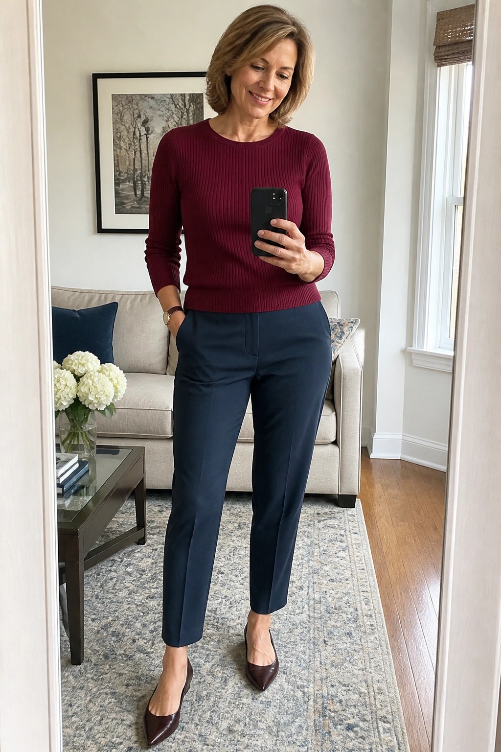 Woman in maroon sweater and navy pants taking mirror selfie in living room