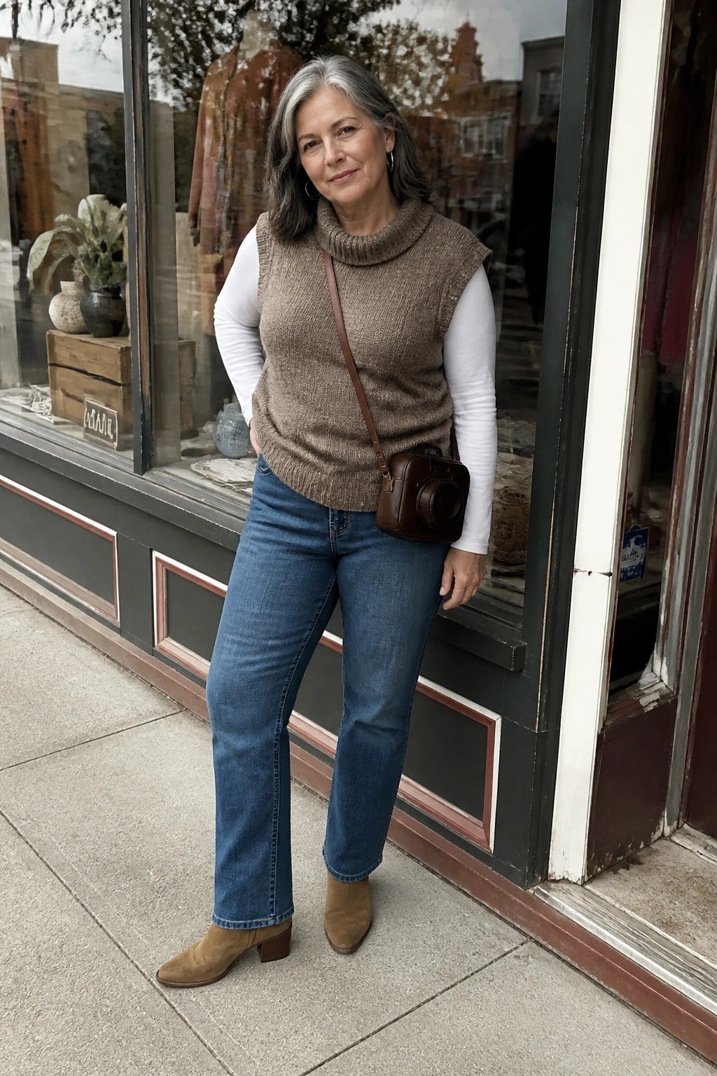 Gray-haired woman in brown turtleneck sweater vest, white shirt, jeans, and camera bag by shop.