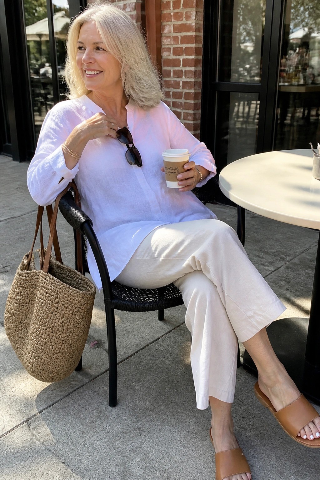 Smiling gray-haired woman in white outfit holding coffee at outdoor cafe with woven bag.