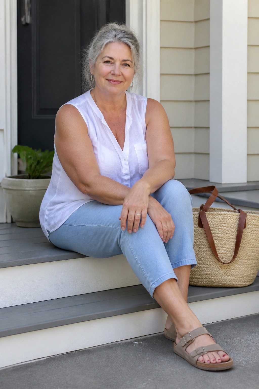 Gray-haired woman in white sleeveless blouse and blue jeans sits on porch steps beside woven bag.