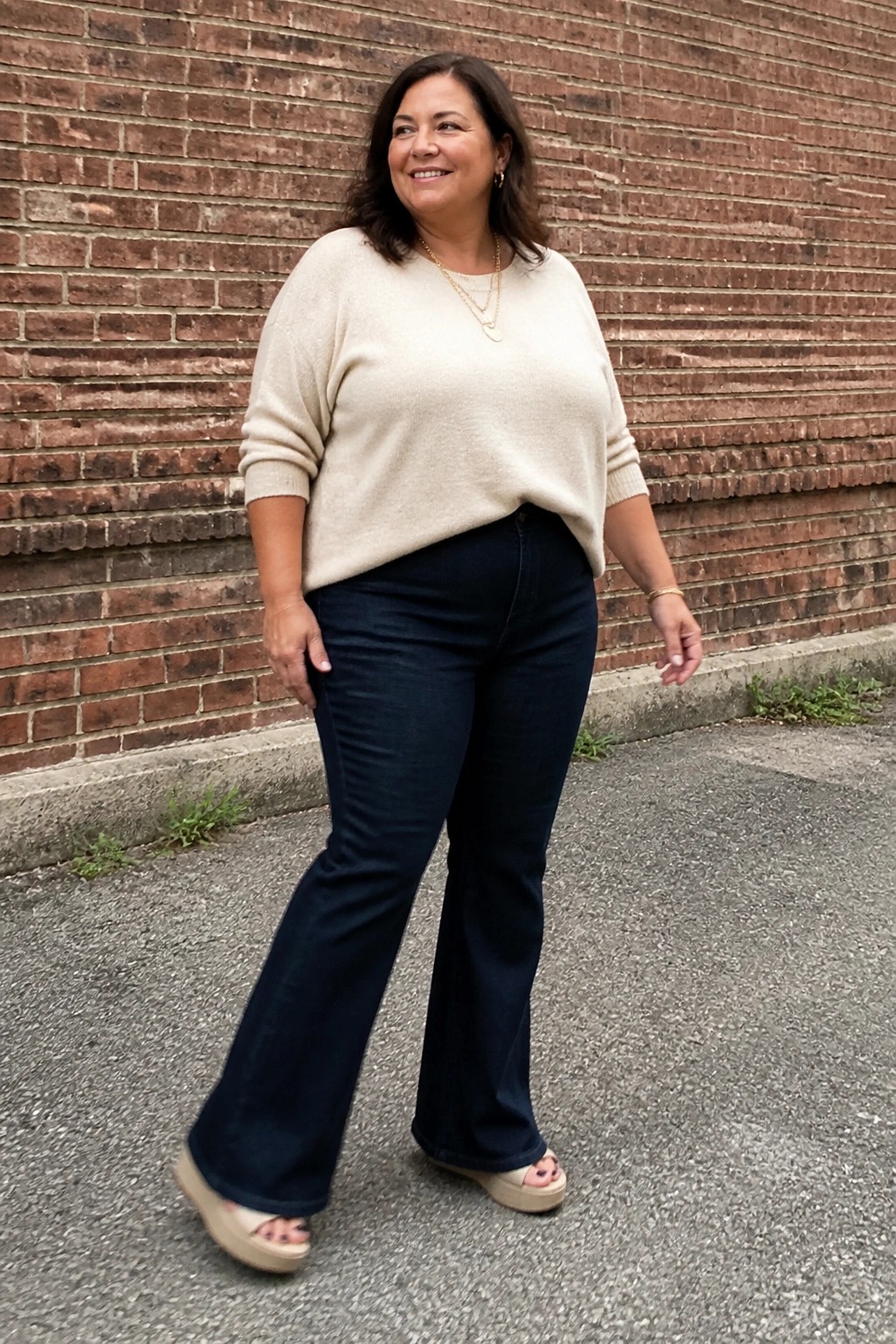 Smiling woman in cream sweater and dark flared jeans by brick wall