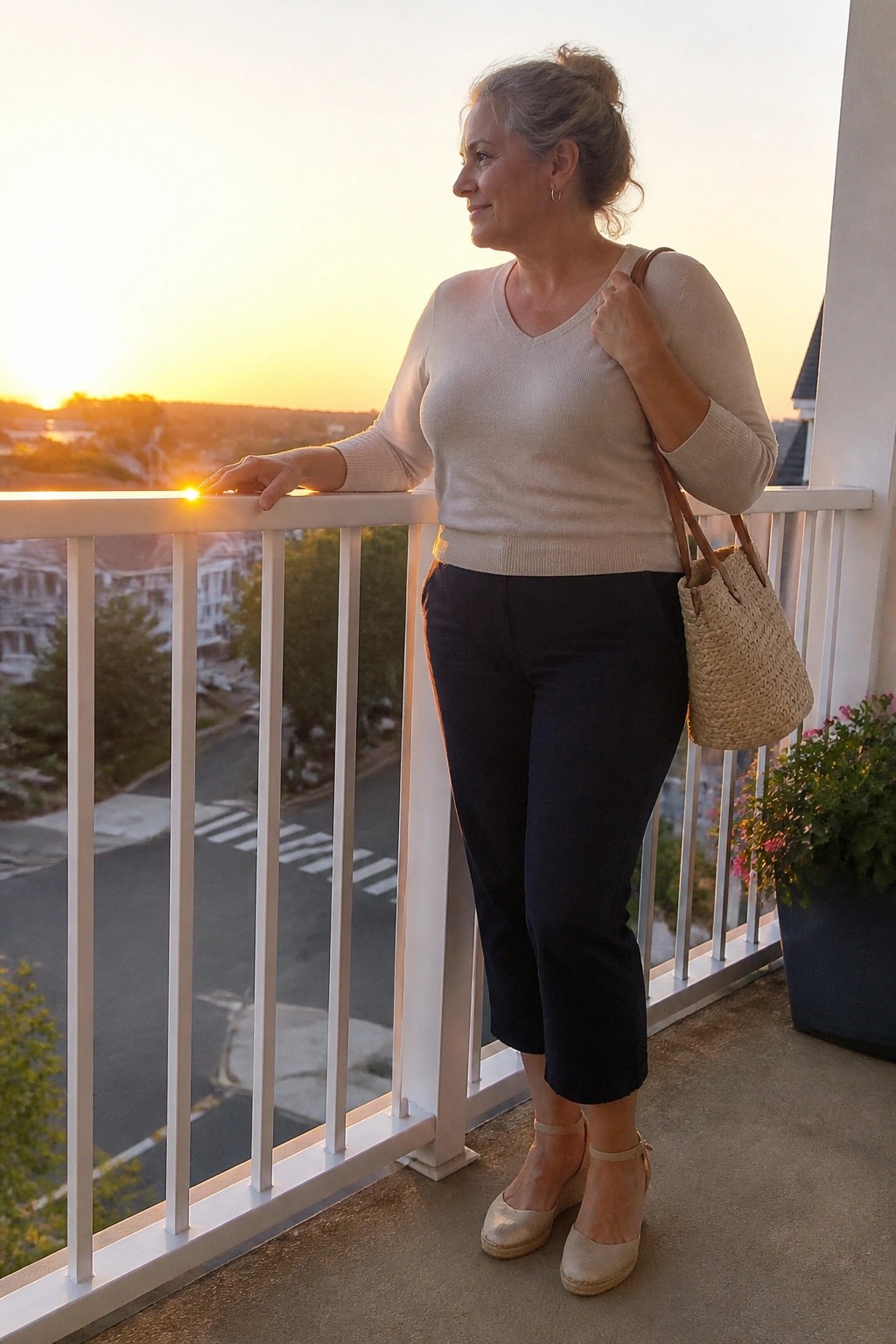 Woman in navy pull-on capri jeans, beige V-neck sweater, light espadrille flats and a straw tote bag standing on a balcony.