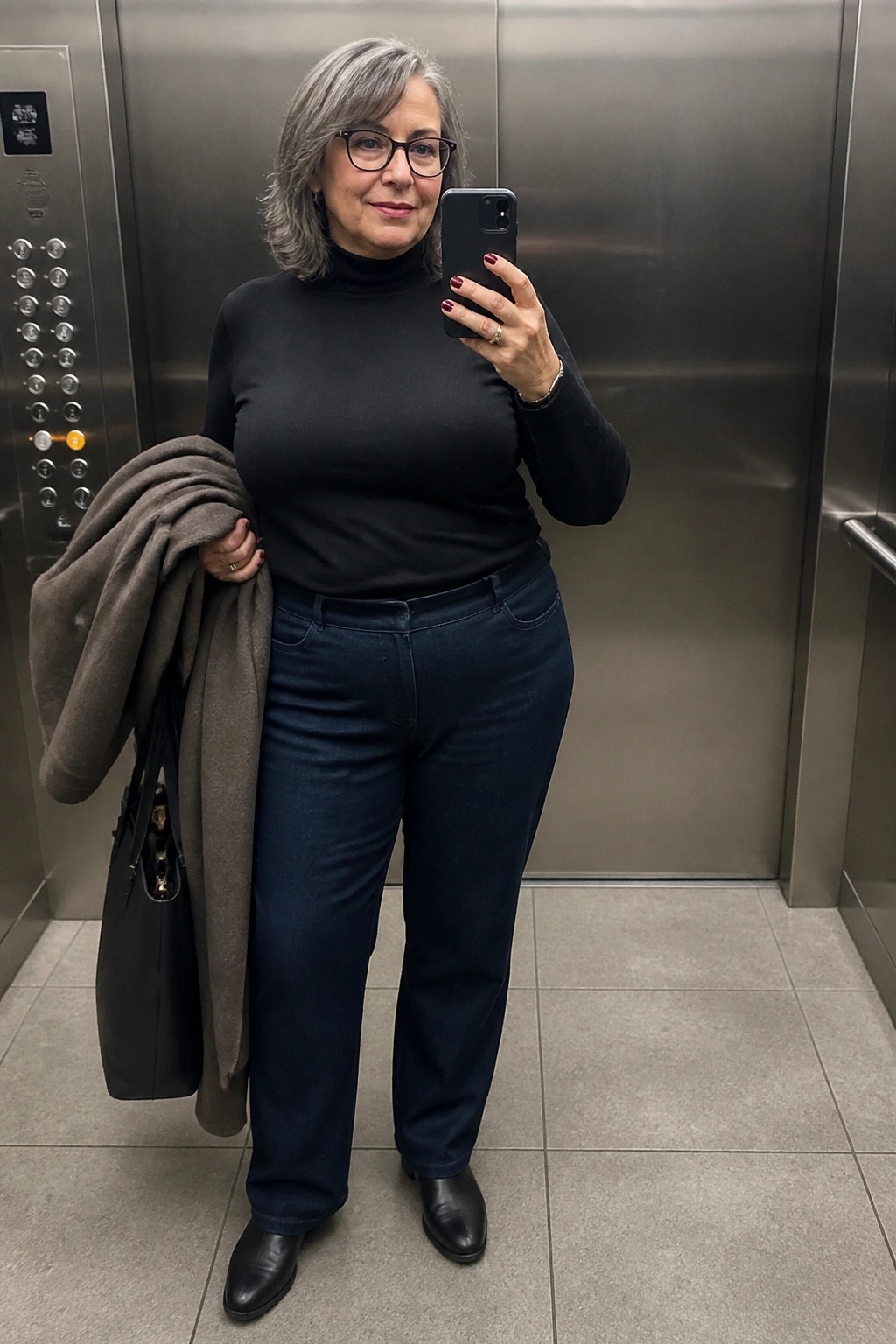 Gray-haired woman in black turtleneck and blue jeans taking selfie in elevator