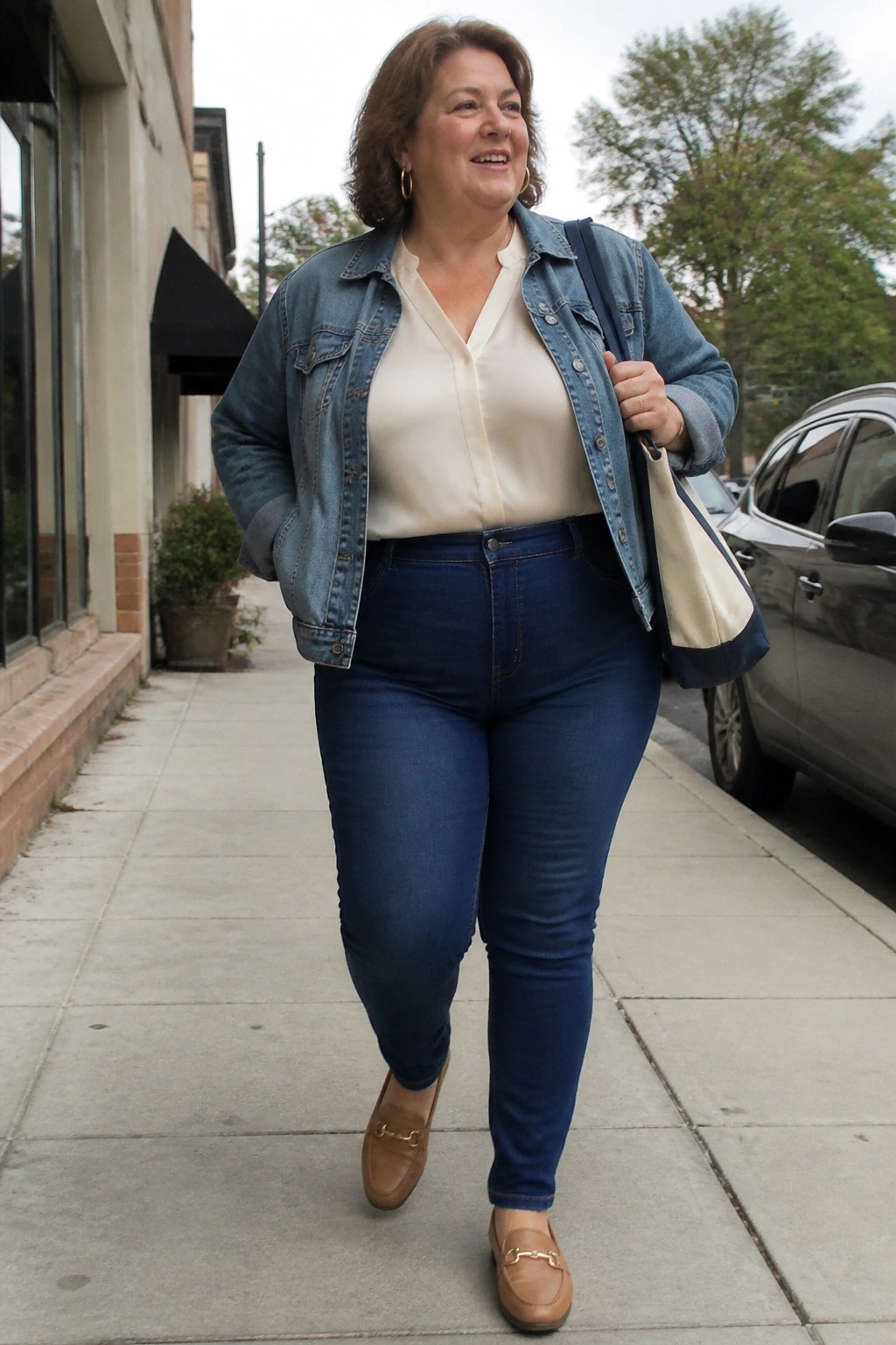 Plus size woman over 50 wearing dark blue pull on jeans, light blue denim jacket, cream blouse, brown loafers with gold detail, and carrying a navy and cream tote bag while walking on a sidewalk.
