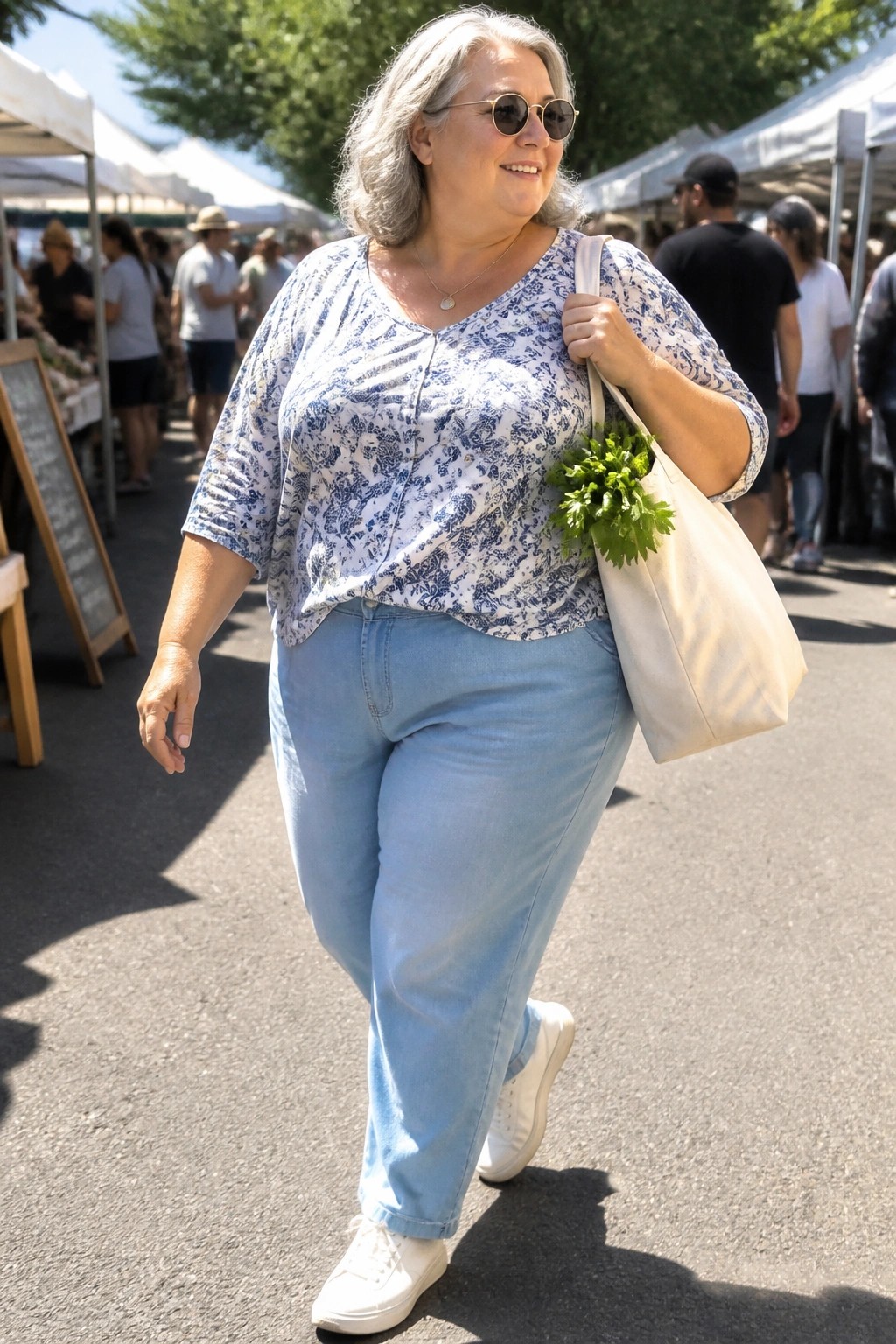 Plus size woman over 50 in light blue pull on jeans, blue and white floral V neck top with three quarter sleeves, white sneakers, beige tote bag, round sunglasses and gold necklace at an outdoor market.
