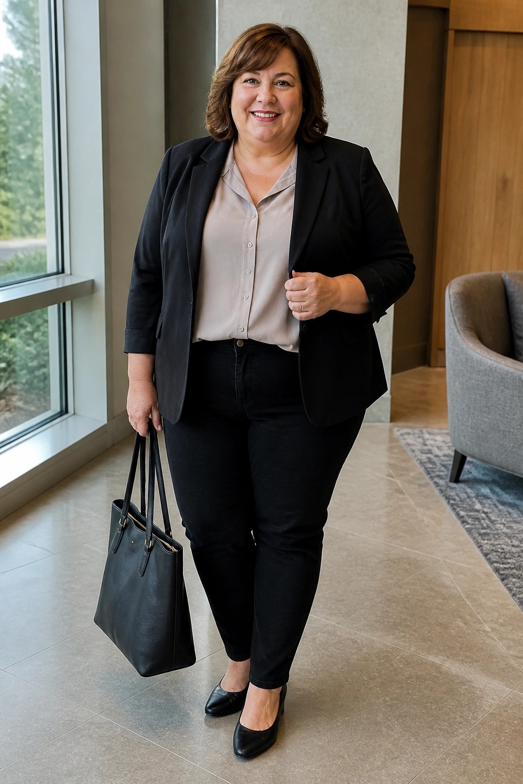 Plus size woman over 50 wearing black pull on jeans with a light beige button down shirt black blazer black pointed toe flats and carrying a black leather tote bag.
