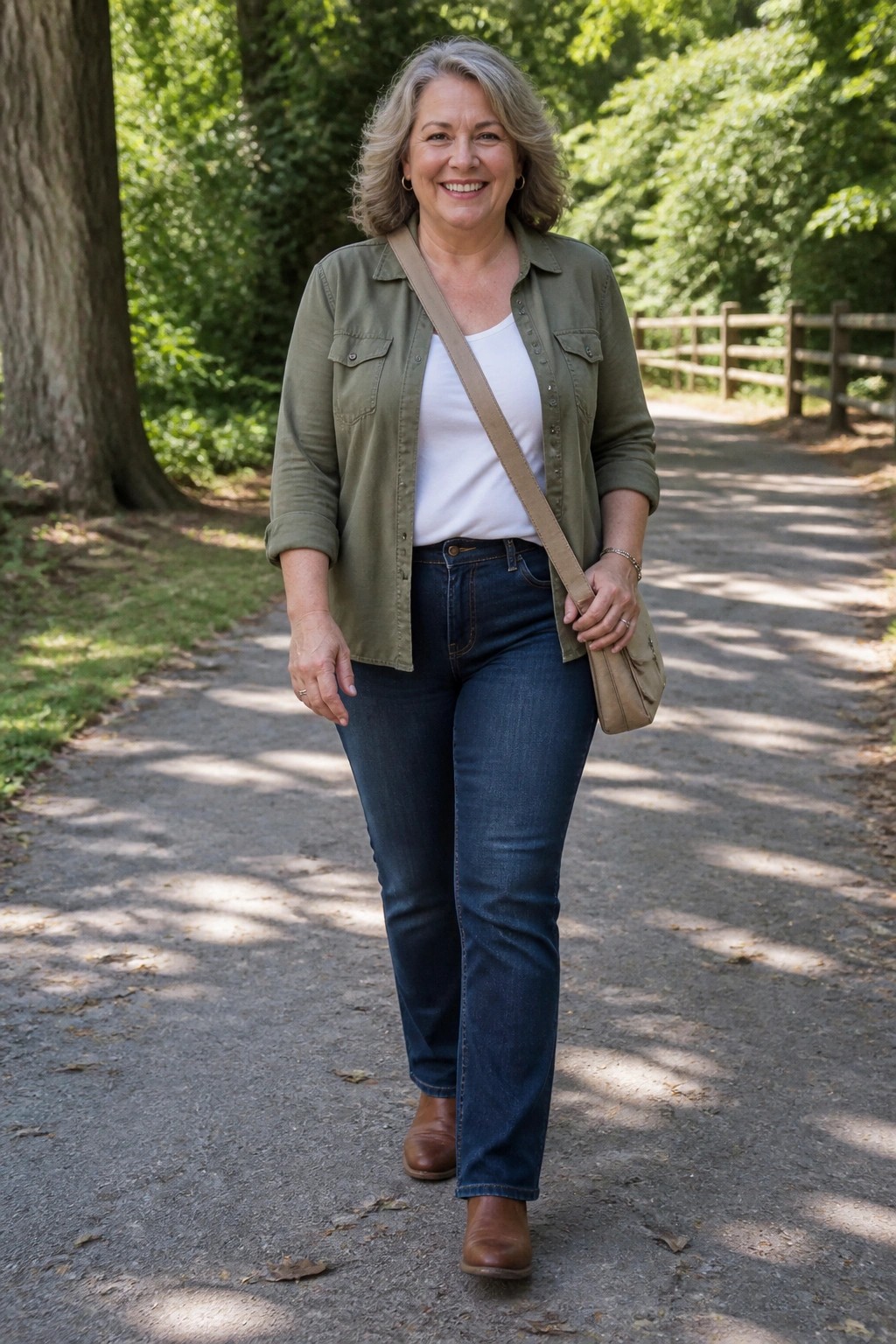 Smiling woman with gray hair in green shirt and jeans on forest path