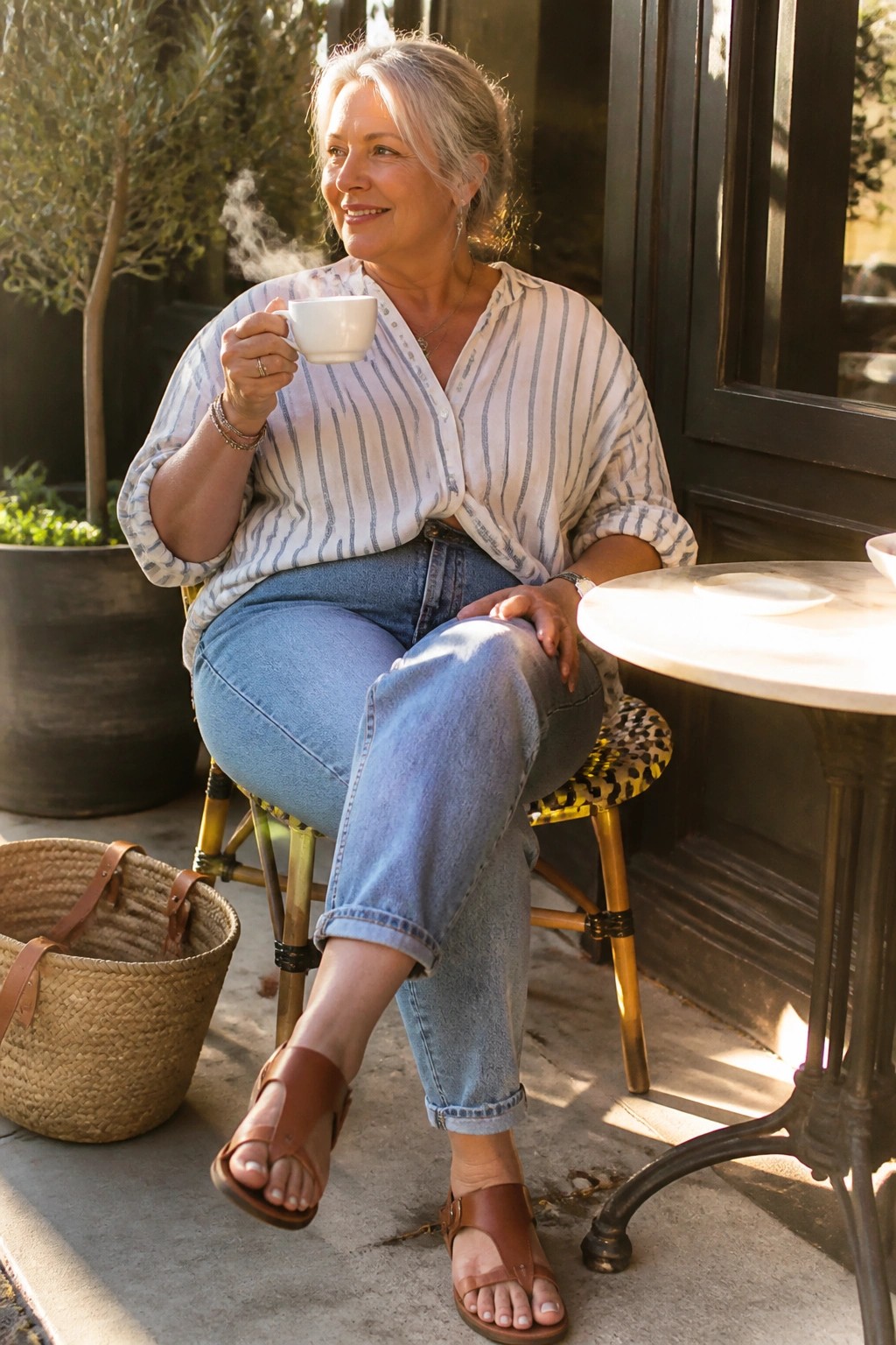 Woman over 50 wearing light blue pull on jeans cuffed at the ankle, a loose white and blue striped button up shirt tied at the waist, and brown leather sandals while seated with a coffee cup.