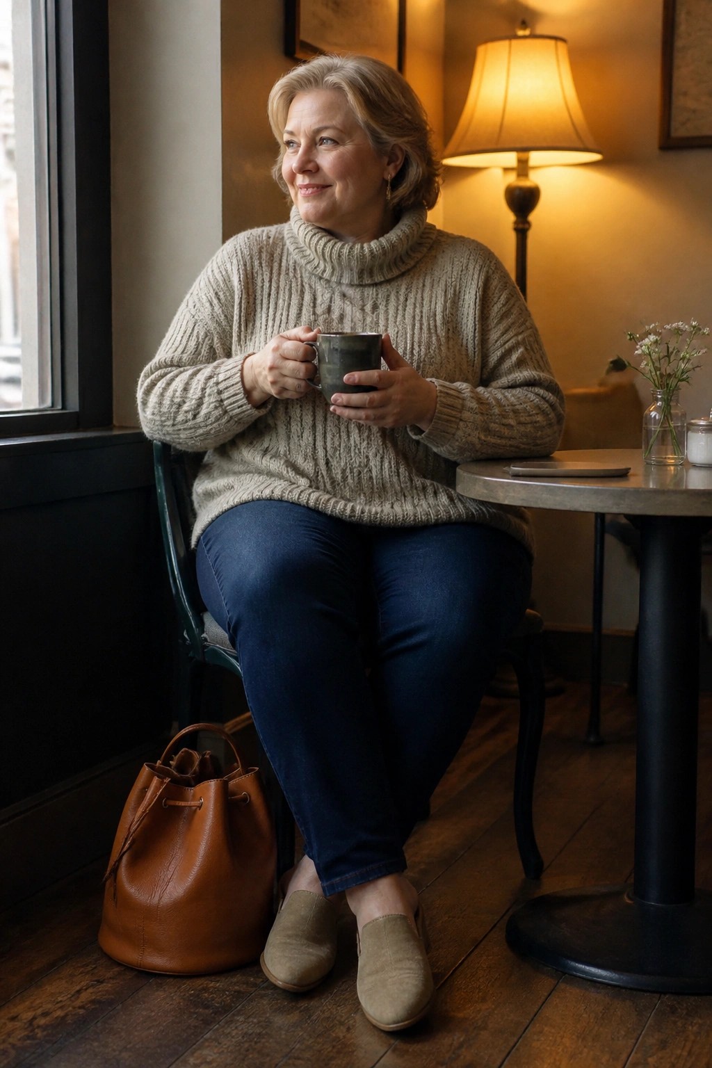 Woman in beige turtleneck sweater holds mug at cafe table with brown leather bag nearby